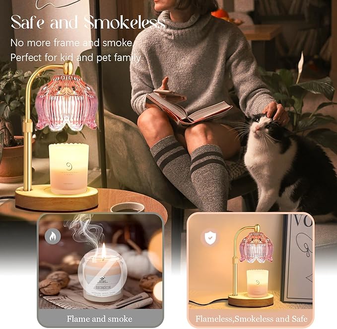 Adjustable Flower Candle Warmer Lamp with Timer, Lotus Tulip Glass Warmer Light for Jar Candles, Electric Wax Warming Melter, Gifts for Women Mom, Vintage Bedroom Decor (Pink)