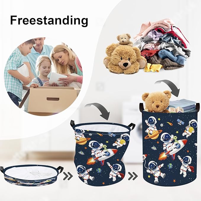 Space Rockets Laundry Hamper Cartoon Astronaut Large Storage Basket Planet Collapsible Parents Organizer Boys Clothes Toy Bins for Bedroom, Bathroom, Alien, 63L