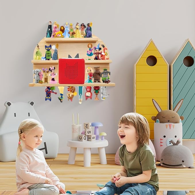 For Tonies Figures Shelf Magnetic,for Tonie box Wall Shelves,for Tonies Characters Organizer,Audio Toy Storage (Holds 45 Figurine),Compatible Charging Station for Kid's Room,Pine Wood,Arch,Large