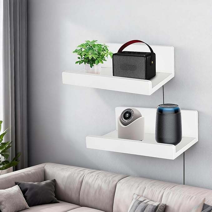 Floating Wall Shelves Set of 2, 12-Inch Solid Wood Shelves with Cable Holes, Small Display Shelf for Router, Webcam, Smart Speaker, Camera – White