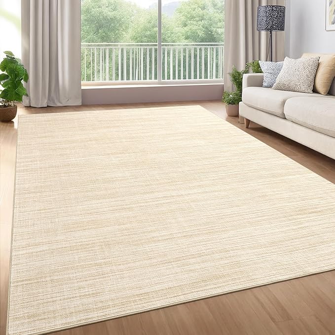 5x7 Washable Rugs Non Slip Minimalist Area Rug for Bedroom Soft Low Pile Solid Color Large Bedroom Throw Carpet Stain Resistant Classic Neutral Area Rug Plain Boho Rugs for Kitchen Nursery, Beige