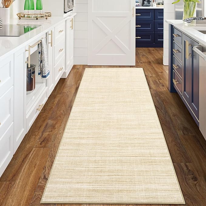 Hallway Runner Rug 2.5x8 Washable Non Slip Kitchen Runner Rugs Low Pile Modern Solid Color Living Room Rugs Minimalist Plain Entry Long Runners Boho Accent Solid Runner Rugs for Bedroom Nursery, Beige