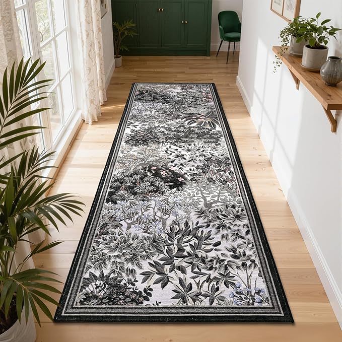 GarveeHome Forest Runner Rug, Blue Grey Washable Runner Rug 2x6 for Kitchen, Botanical Low Pile Non Slip Stain Resistance Woodland Hallway Rug for Entryway Bedroom Laundry Room