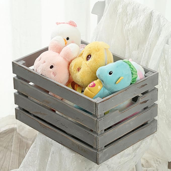 Gray Wooden Crates are Mainly Suitable for Storage, Tool Crate, Wine Crate, Camping, and Other Multi-Purpose. Rustic Style, They are Sturdy and Durable, set of 2 Length of 17.7 inches.