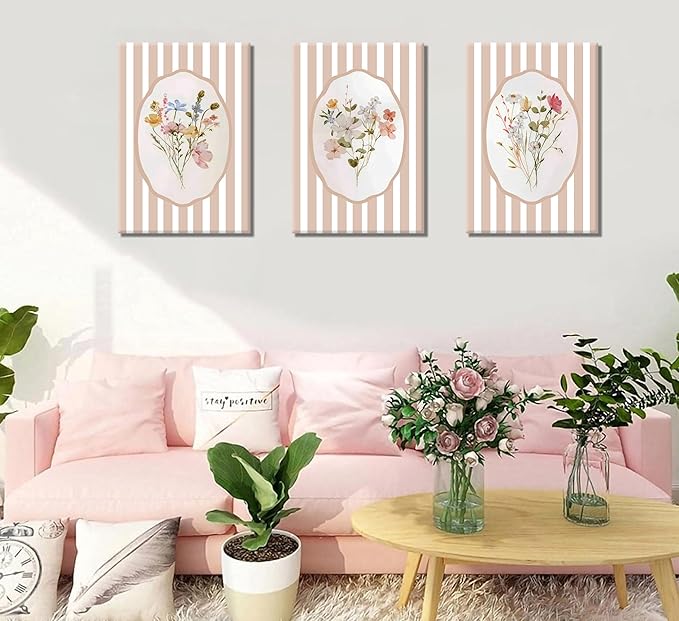3Pcs Pink Flower Canvas Wall Art Light Pink Striped Plant Painting Picture Wall Decor Elegant wildflowers Poster Print Artwork for Bedroom Preppy dormitory Living Nursery Room Home Decoration
