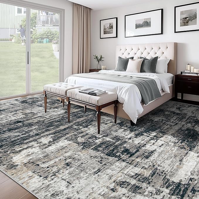 XLUEZ 10x14 Area Rugs for Living Room, Washable Modern Abstract Large Area Rug Neutral Soft Non Slip Kids Rug Stain Resistant Indoor Carpet for Bedroom Dining Room Playroom Office(BlackGrey, 10'x14')