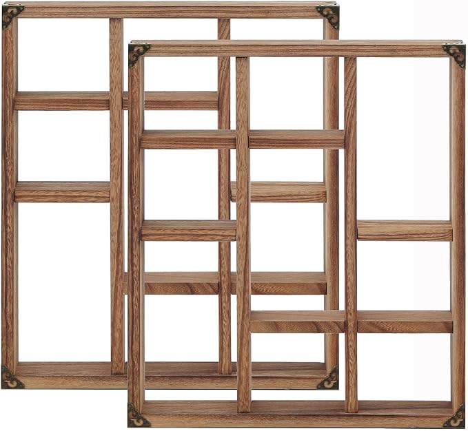 17.7x15.7-Inch Shadow Box Shelf 9-Slot Rustic Wood Floating Shelves Larger Shelf Lightweight Solid Wood Display(Set of 2,9C-Brown)