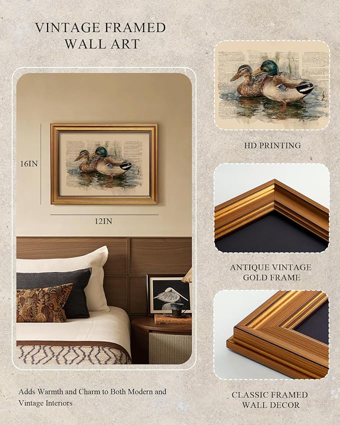 InSimSea Gold Framed Canvas Prints Wall Art, Vintage Nursery Decor, Mallard Duck Animals Paintings Farmhouse Wall Decor, Antique Pictures for Bedroom Living Room Shelf Gift, 12x16inch