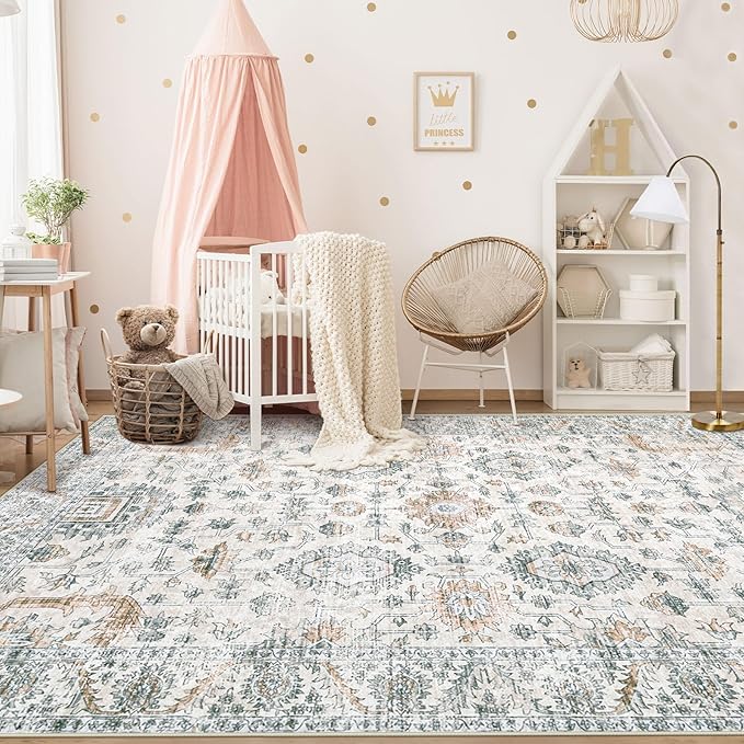XLUEZ Area Rug 6x9 Living Room Rug, Machine Washable Vintage Distressed Boho Area Rug Non-Slip Soft Low Pile Large Indoor Rugs for Bedroom Kitchen Dining Room Office(Brown Green,6'x9')