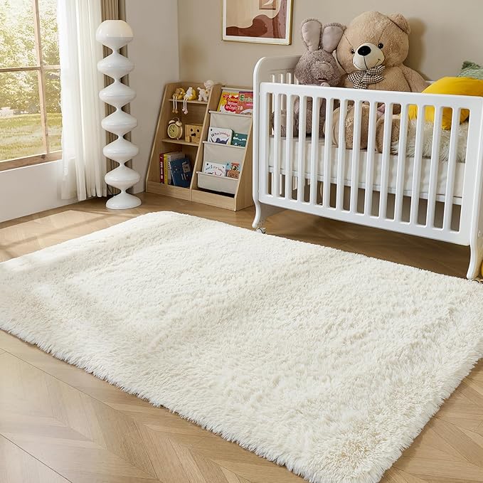Fluffy Area Rugs for Bedroom - Soft Plush Shag Rug for Living Room Nursery Kids Room - Non Slip Fuzzy Shaggy Floor Carpets for Girls Boys Play Room Dorm Decor (White, 9' x 12')
