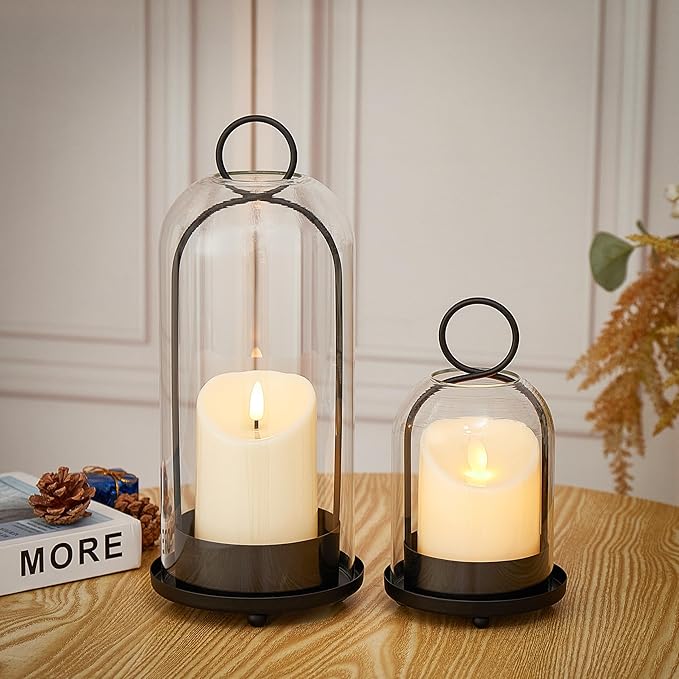 Hurricane Metal & Glass Candle Holder Black Set of 2, Decorative Candlestick Pillar Candle Holder with Clear Glass for Wedding Party Christmas Holiday Dining Table Centerpiece Lanter