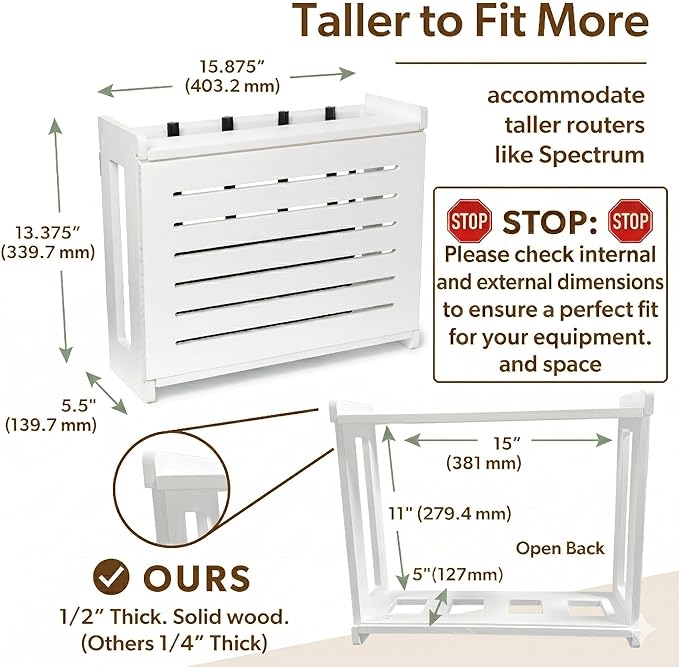 Wooden WiFi Router Storage Box - Standard Wall Mountable Decorative Modem Shelf Hider Cover with Cable Management System - Rustic Home Organization Solution for Most Routers Up To 11" Tall - White
