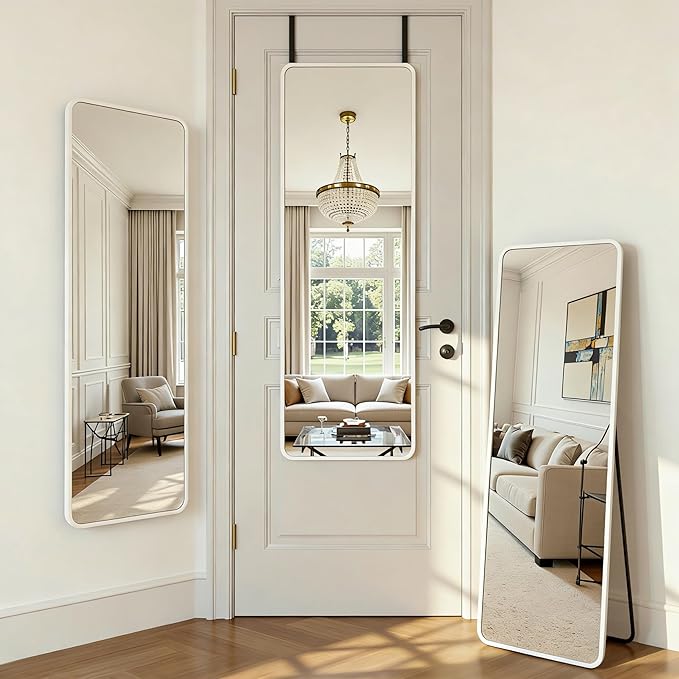 Antok 48''x 14'' Full Length Mirror Over Door, 4-in-1 Standing Leaning Wall Mounted, Adjustable Hanging Mirror for Bedroom Living Room, White, Rect Corner