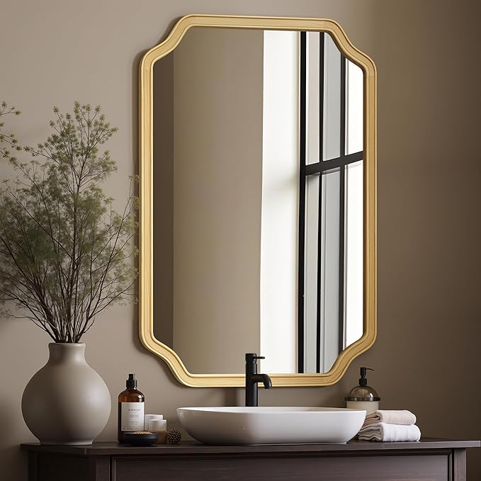 Wooden Bathroom Mirror for Wall, 24" x 36" Rustic Vanity Mirror for Over Sink, Natural Wood Wall Mirror with Decorative Rounded Corner Frame for Bathroom,Farmhouse, Entryway, Bedroom, Living Room