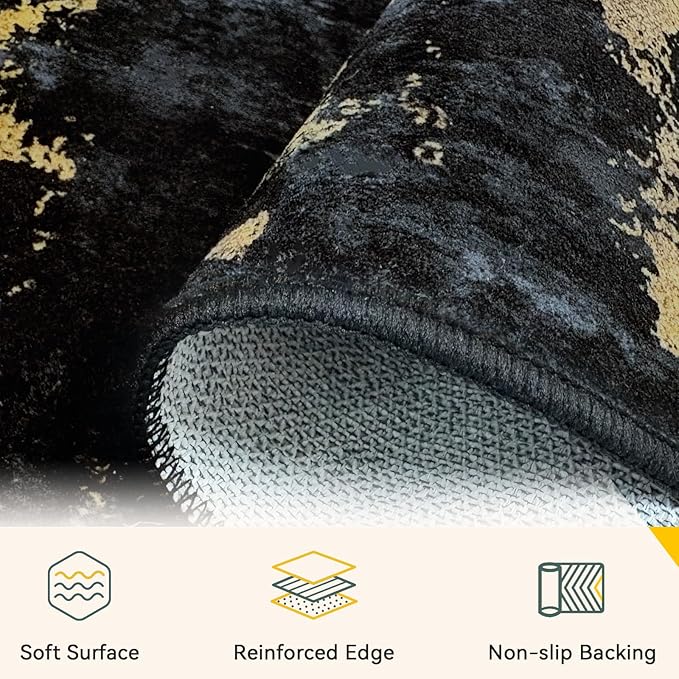 RELEANY Washable Area Rugs 2'x6' Non-Slip Modern Abstract Soft for Living Room Entryway Bedroom Nursery, Print Pattern, Dark Black Gold
