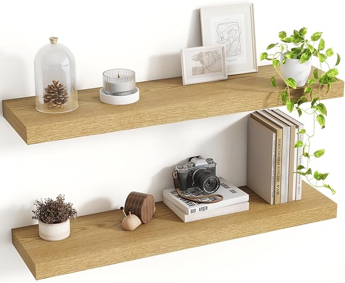 Acovy 30 Inch Floating Shelves, 8 Inch Deep Floating Shelves for Wall, Hanging Shelf with Invisible Brackets, Deep Shelves for Bathroom, Bedroom, Living Room, Oak, Set of 2
