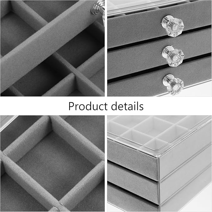KALLORY Transparent Drawer Jewelry Organizer Box Earring Display Holder Large Capacity Ring Necklace Storage Case for Women Gray Trinket and Makeup Organizer