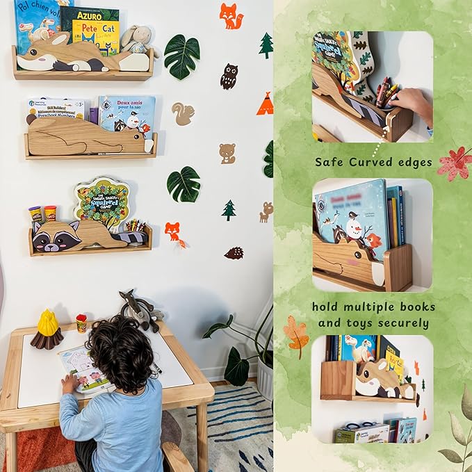 3 Floating Shelves, Wall Shelf for Kids Rooms, Woodland Nursery Bookshelves, Bear Fox and Raccoon 24inch