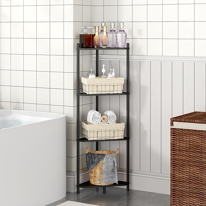 Corner Shelf Stand - 3 Tier Bamboo Small Corner Bookshelf for Office Kitchen Bedroom Plant Stand Living Room Decor Small Space (Black, 4 Tier)