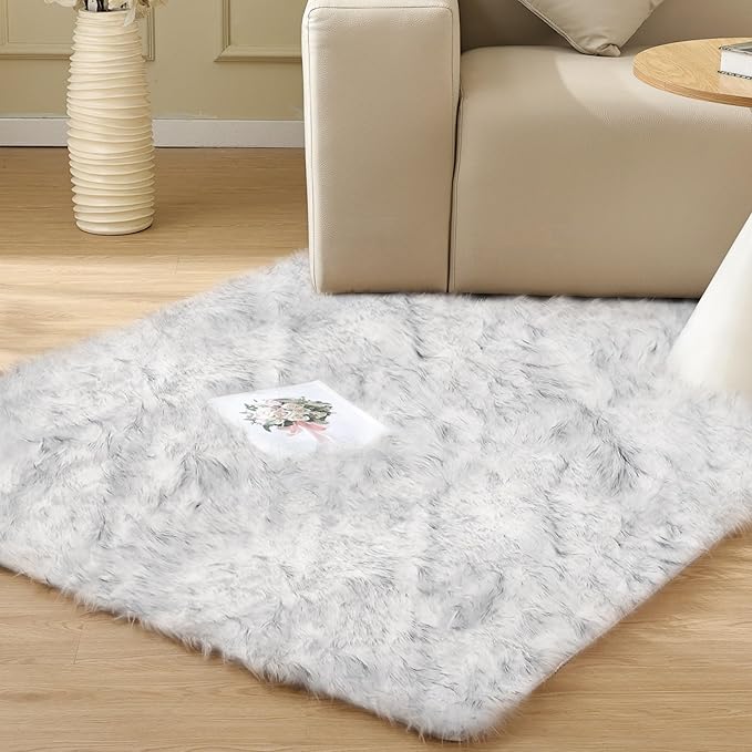 ORINOVA White and Gray Furry Carpet for Bedroom Fuzzy Faux Sheepskin Washable Fur Area Rugs for Living Room Rug 4x6 Rectangle Nursery Rug
