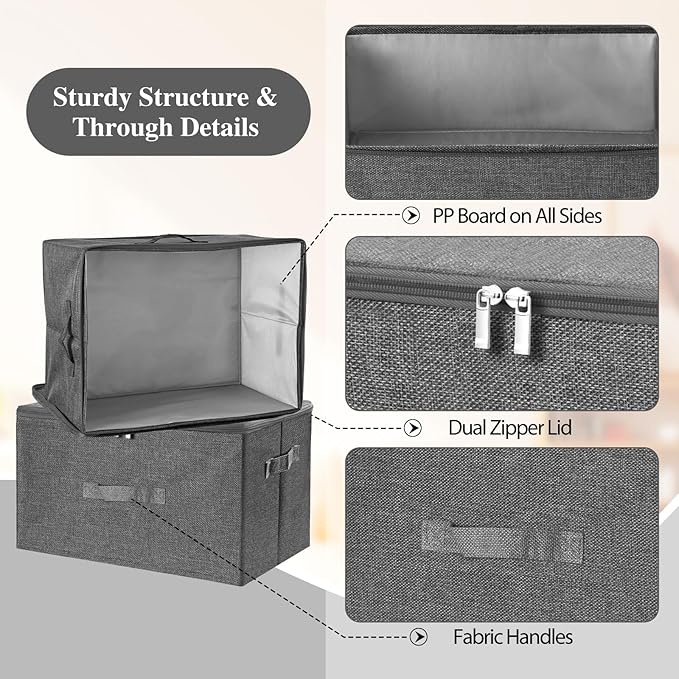 ANMINY 2PCS Storage Bins with Zipper Lids 51.9 Qt Lidded Fabric Storage Boxes Baskets Cubes with Handles Collapsible Washable Cotton Linen Closet Shelf Clothes Organizer - Gray, Extra Large