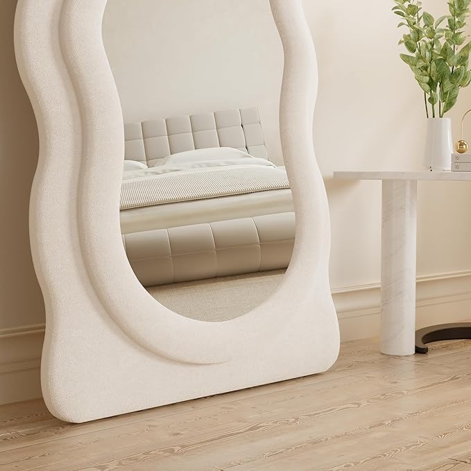 Rowjut Full Length Mirorr, 63"x24" Mirrors Full Length, Irregular Wavy/Wall Mounted & Standing Floor Mirror with Flannel, Body Mirorr Hanging or Leaning Against Wall for Bedroom (White)