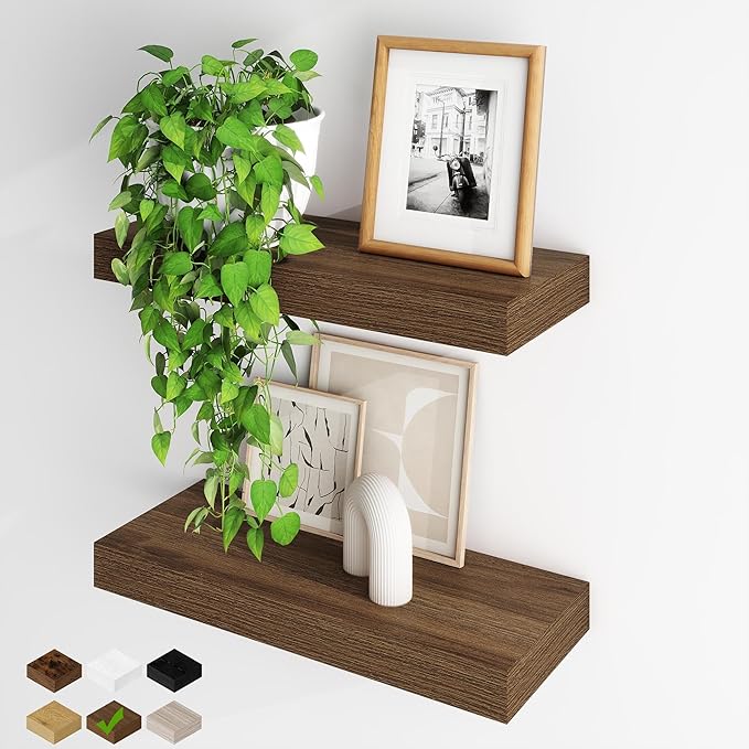 Fun Memories Floating Shelves for Wall, 20 Inch Floating Shelves Set of 2, Hanging Shelf with Invisible Brackets, Wood Shelves for Living Room, Bedroom, Kitchen, Walnut