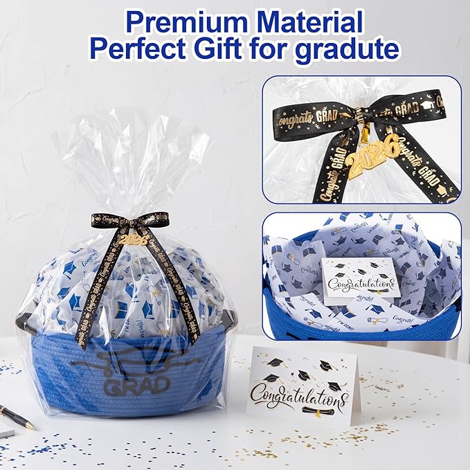 Colingmill 2026 Graduations & Nurses Week Gift Basket Empty to Fill, Woven Rope Basket 15" x 11" x 6" Decorative Storage Baskets with Gift Bag, Bow, Tissue Paper & Year Charm(Blue,Black,Graduation)