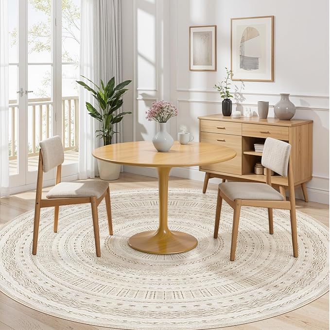cotiled 8x8 Round Area Rug Living Room: Washable Boho Rugs with Non Slip Backing Large Soft Indoor Stain Resistant Carpet for Bedroom Farmhouse Dining Room Lightweight Home Decor Brown/Cream