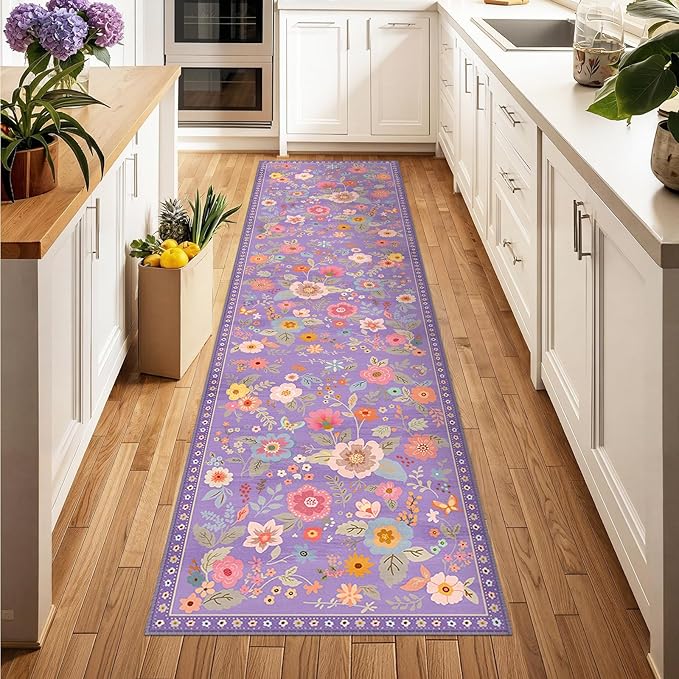 RELEANY Floral Nursery 2x6 Area Rugs Washable Print Boho Cute Carpet Non Slip Flower Low Pile for Living Room Kids Girls Playroom Bedroom Kitchen Office Farmhouse-Purple/Pink/Multi