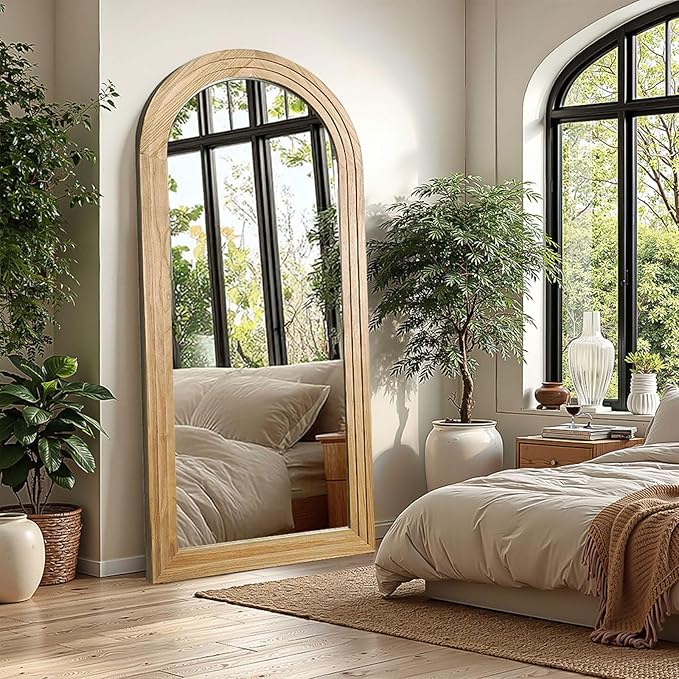 Delma Arched Full Length Floor Mirror with Stand, 55x24 Rustic Farmhouse Solid Wood Frame Wall Mirror for Bedroom, Living Room, Vertical Hanging & Standing(Natural)