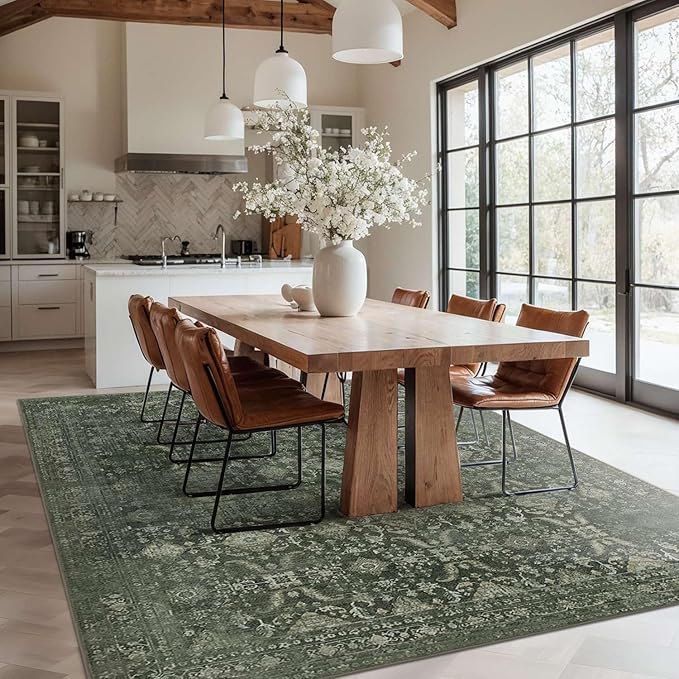 Rugxara 6x9 Area Rugs for Living Room Bedroom, Large Washable Rug, Green Vintage Floral Boho Style, Non Slip & Low Pile Carpet for Indoor Dining Room, Dorm and Kids Room(Green 6x9ft)