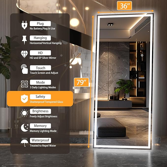 Hasipu Full Length Mirror with Lights, 79" x 36" LED Lighted Floor Standing, Full Body Dressing Hanging Mounted Mirror, Tempered Glass, Square Black