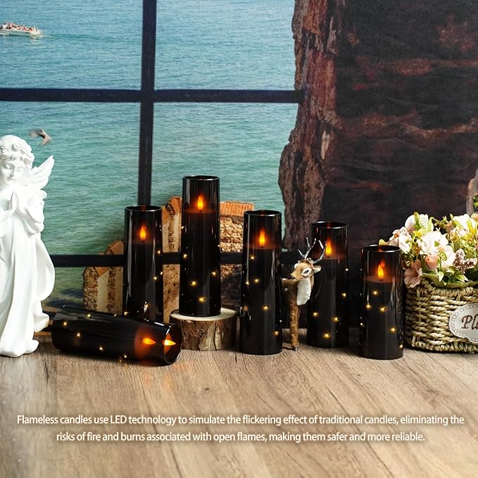 Nimiko Flickering Flameless LED Candles, 9 Pcs with Embedded Star String, Acrylic LED Pillar Candles with Remote, Suitable for Home Decoration (Black)