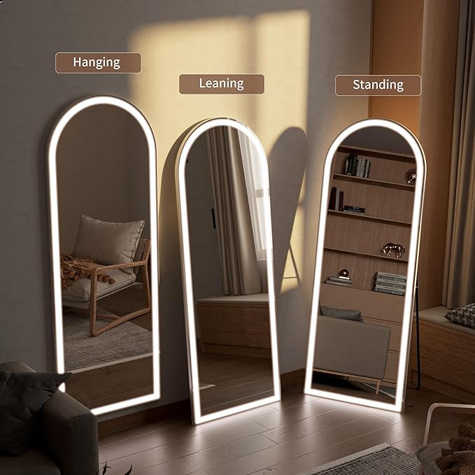 Arched Full Length Mirror with LED Lights, 60"x16" LED Floor Mirror with Stand, Body Floor Mirrors with Dimming & 3 Color Lighting, Wall Mounted LED Mirrors for Bedroom, Dressing Room, Cloakroom