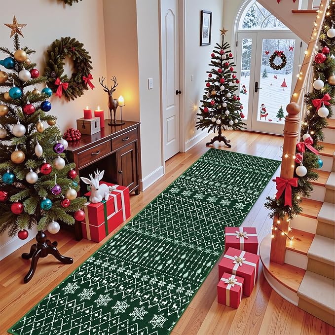 Lahome Christmas Runner Rug for Hallway 2x8 Non Slip Soft Long Kitchen Carpet Runner Washable Low Pile Xmas Snowflake Carpet Runner for Entryway Bathroom Holiday Winter Home Decor Green Hana