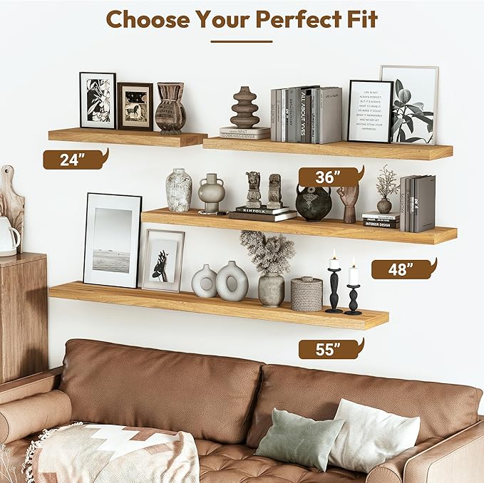 Vivelove Elm Wood Floating Shelves, Wooden Shelves for Wall with Invisible Bracket for Living Room Bedroom Bathroom Office Book, Rustic Farmhouse Display Shelf, 48 Inch Set of 1- Natural
