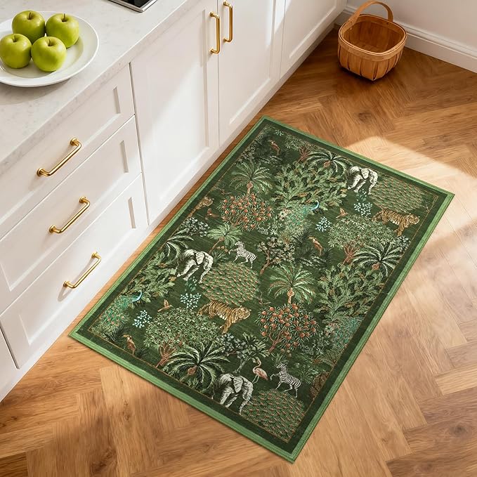 GarveeHome Jungle Rug 2x3 Animal Print Rugs Non Slip Washable Front Door Rug for Entryway, Indoor Kitchen Rugs Low-Pile Small Door Mat Forest Carpet for Bedroom Home Décor, Dark Green