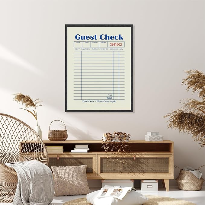 Licpach Blank Guest Check Kitchen Wall Art Retro Restaurant Blue Guest List Canvas Print Funny Quote Poster Trendy Minimal Receipt Sheet Painting for Dining Room Coffee Bar Decor 20x30inch Black Frame