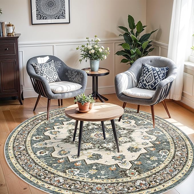 TOPRUUG Washable Oriental Area Rug - 8ft Round Rugs for Living Room Soft Carpet for Bedroom Waterproof Floral Distressed Indoor Stain Resistant Non-Shedding Floor Carpets (Blue, 8ft-Round)