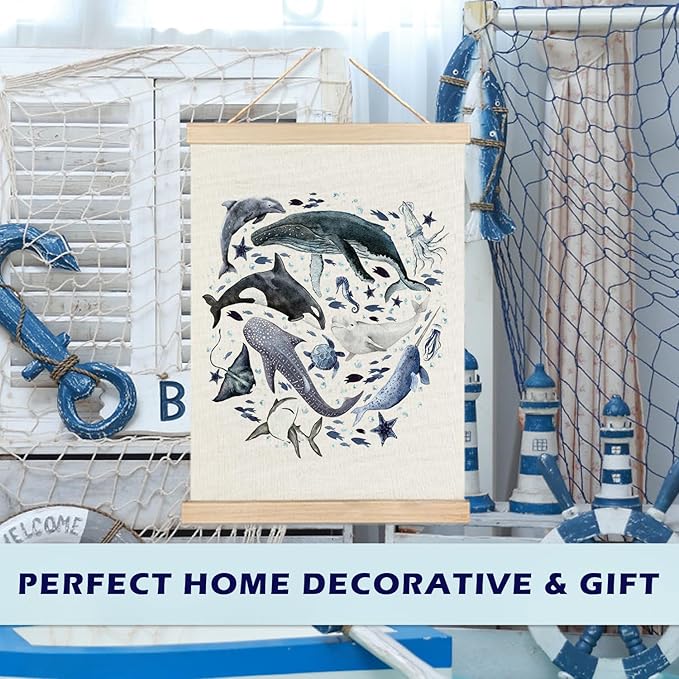 RYYCDOI Ocean Marine Life Wall Art, Sea Animal Whale Dolphin Turtle Shark Poster Hanger Frame for Kids Room Nursery Bathroom Decor, Under the Sea Decor, 12x16 Inches