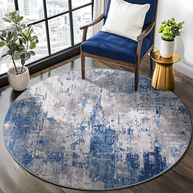 RELEANY Washable Area Rugs 4ft Non-Slip Modern Abstract Soft for Living Room Entryway Bedroom Nursery, Print Pattern, Blue Grey Navy Gray