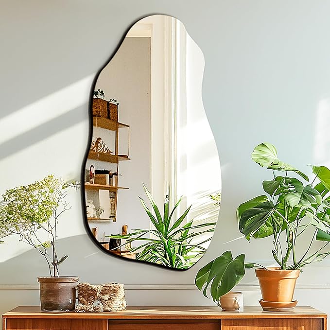 TRAHOME Irregular Asymmetrical Wall Mirror for Living Room Bathroom Entryway, Modern Decorative Mirror Hanging (Hook Style, 32'' x 18'')