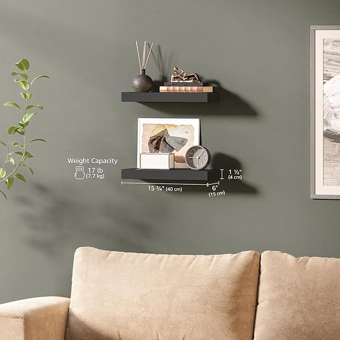 Ballucci Floating Shelves, 2-Pack 16" Wood Wall Shelf Set with Invisible Brackets for Bathroom, Living Room, Bedroom, Kitchen, Nursery, 6" Deep, Black