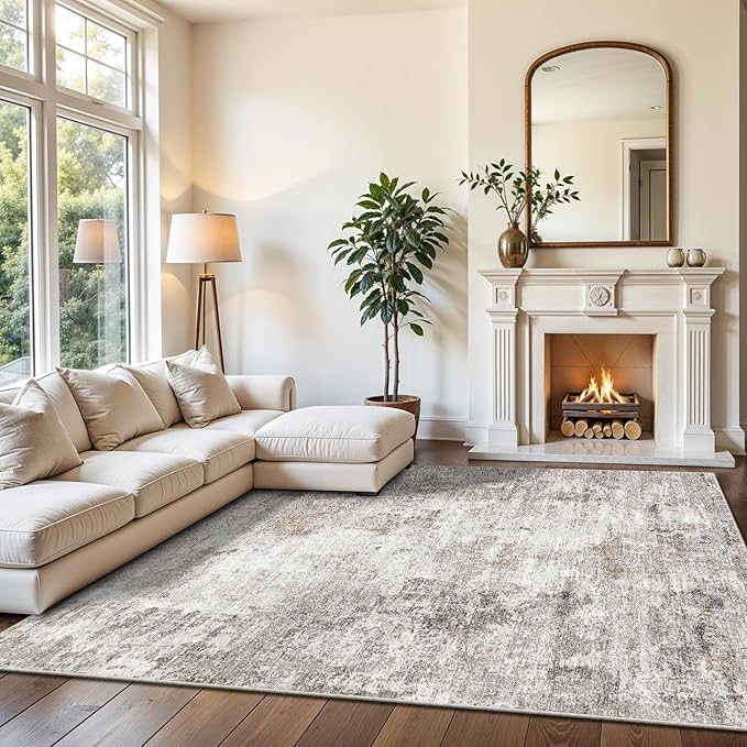 8x10 Washable Living Room Rug – Modern Neutral Abstract Soft Large Area Rug for Bedroom Dining Room Home Office Kitchen - Non-Slip Low Pile Thin Stain-Resistant Carpet (Beige,Grey)