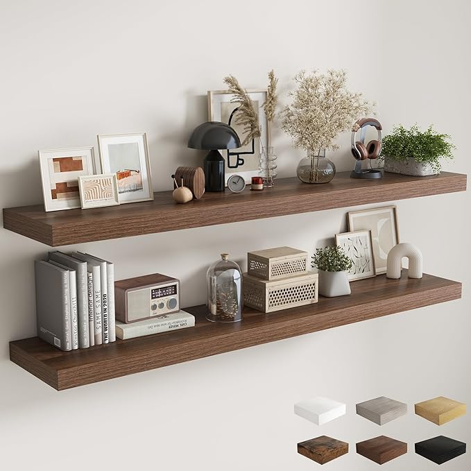 Fun Memories 72 Inch Floating Shelves, 12 Inch Deep Wall Shelf for Fireplace Mantel, Large Display Shelf & Storage Shelf, Wood Floating Wall Shelves for Home & Office, Walnut, Set of 2
