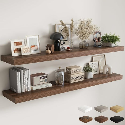 Fun Memories 72 Inch Floating Shelves, 12 Inch Deep Wall Shelf for Fireplace Mantel, Large Display Shelf & Storage Shelf, Wood Floating Wall Shelves for Home & Office, Walnut, Set of 2
