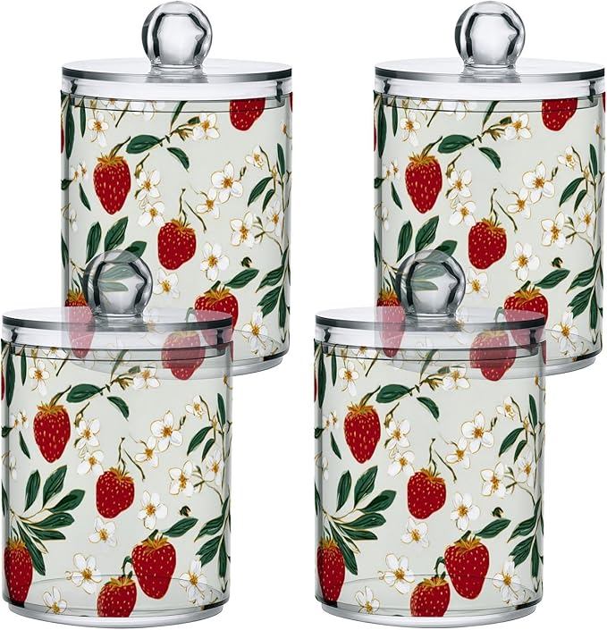 2 Pack Apothecary Jars Cheerful Strawberry Star Pattern Bathroom Vanity Storage Organizer Set,Small Clear Plastic Storage Jars Bathroom Canister for Cotton Swabs, Rounds, Balls, Qtips,Makeup Sp