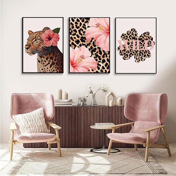 Trendy Leopard Wall Art Pink Cheetah Print Room Decor Leopard Flower Canvas Wall Decor Cheetah Aesthetic Poster Girly Pink Preppy Picture Funky Y2k Artwork for Girl Bedroom 16x24x3 Inch Unframed