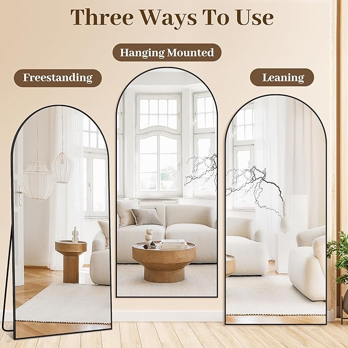 Suidia 58"x21" Arched Full Length Mirror with Stand, Full Body Mirror with Aluminum Frame, Freestanding/Leaning/Wall-Mounted, Floor Mirrors for Bedroom, Living Room, Entryway, Dressing Room, Black